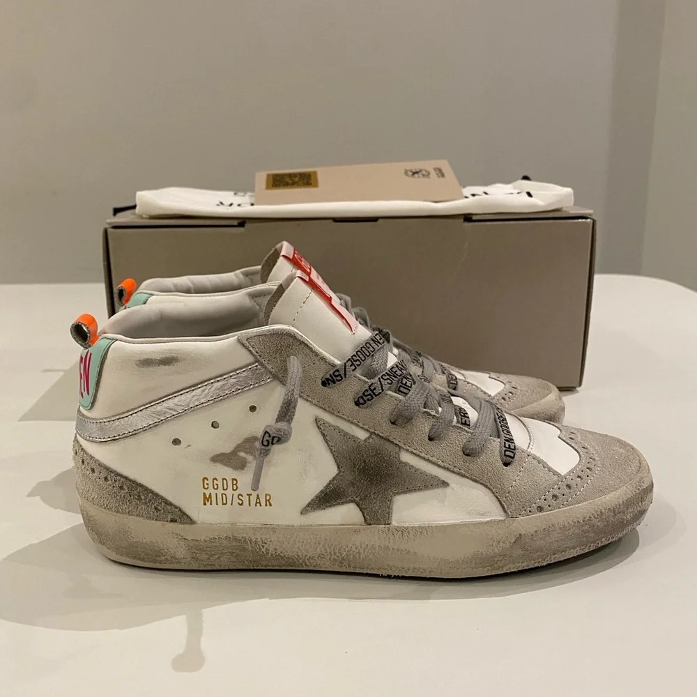 Golden Goose Mid Star Sneaker in White/Ice/Turquoise sz 38 New in Box - Picture 3 of 14